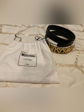 Moschino Black Leather Belt with Gold Lettering Logo